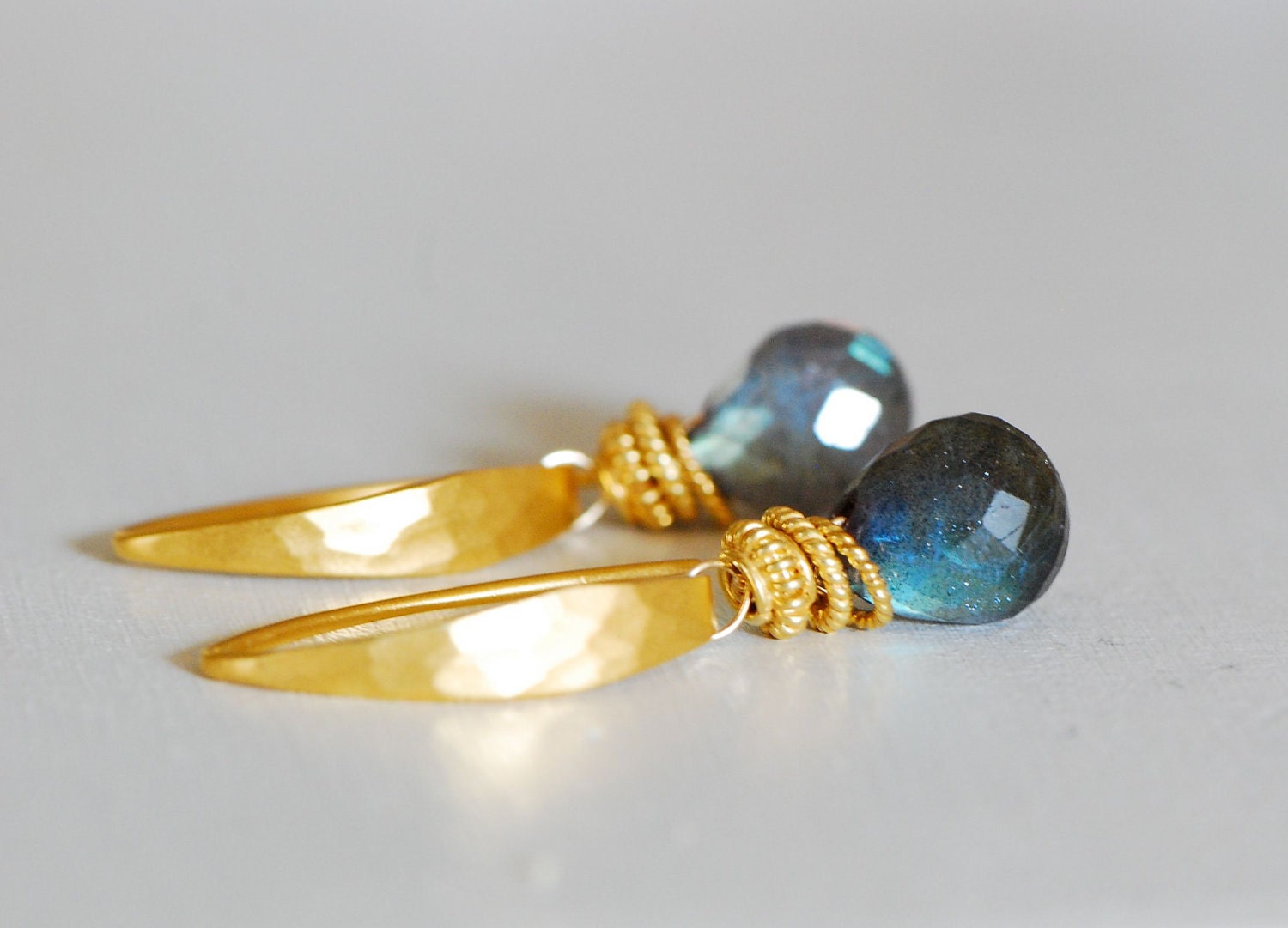 Labradorite briolette Earrings  24k gold vermeil hammered grey faceted Stone drop Gemstone
