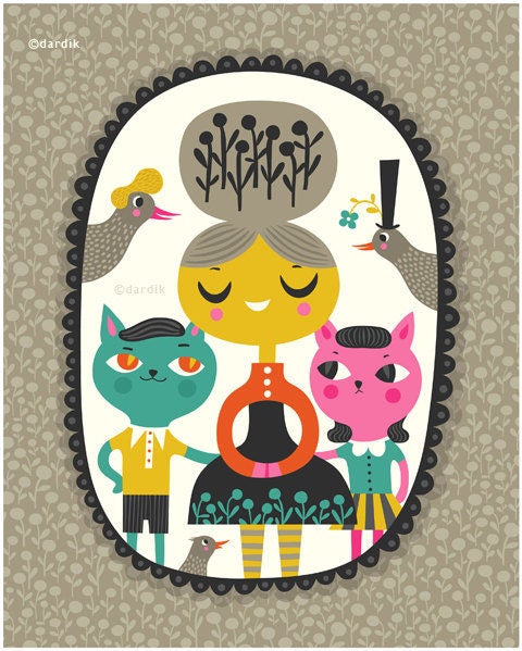 Cat Lady Fantasy Portrait - limited edition giclee print of an original illustration (8 x 10 in)