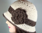 Cloche Hat in Cream and Chocolate Brown, Cotton Blend