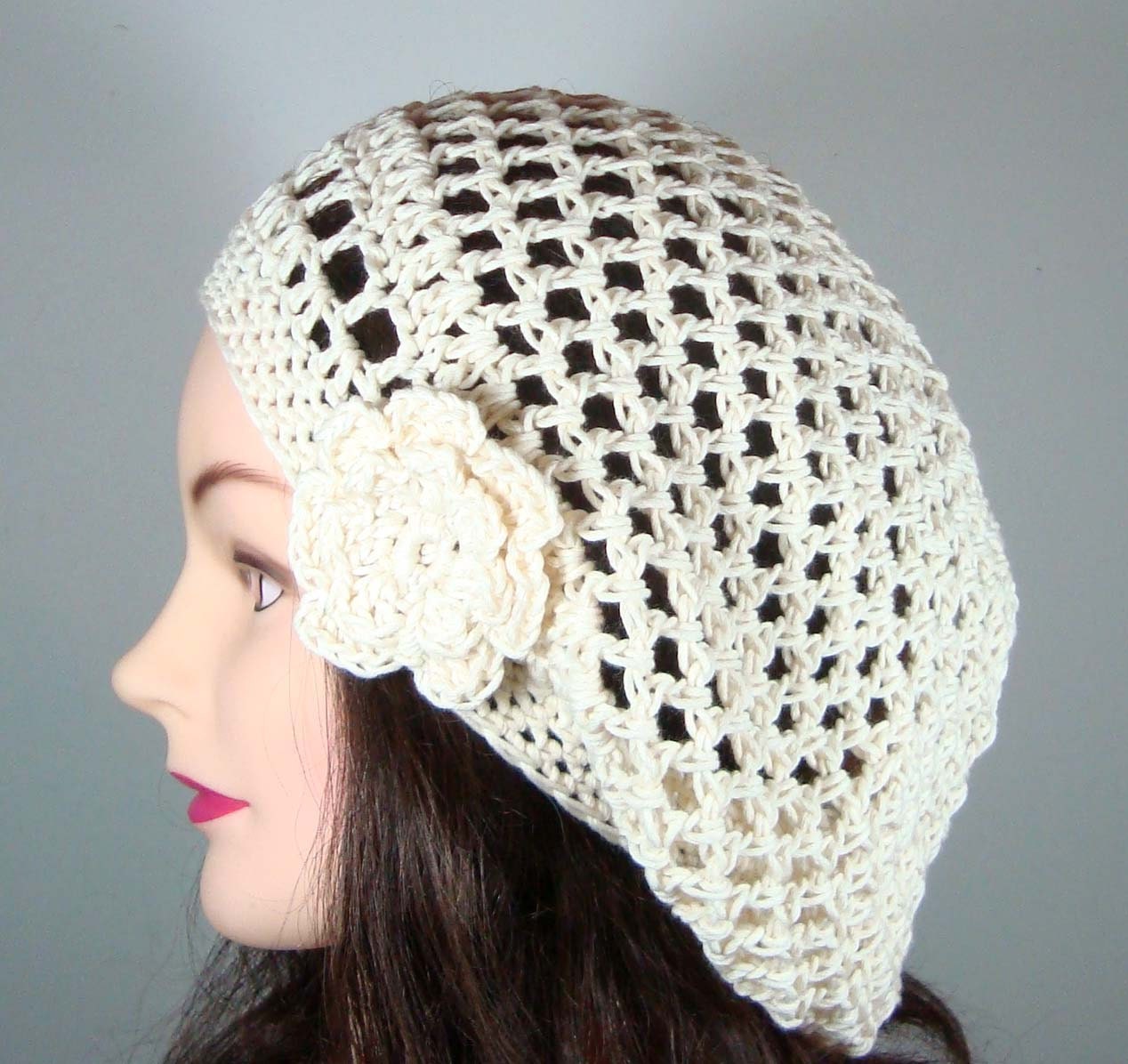 Cream Beret with Flower Organic Cotton