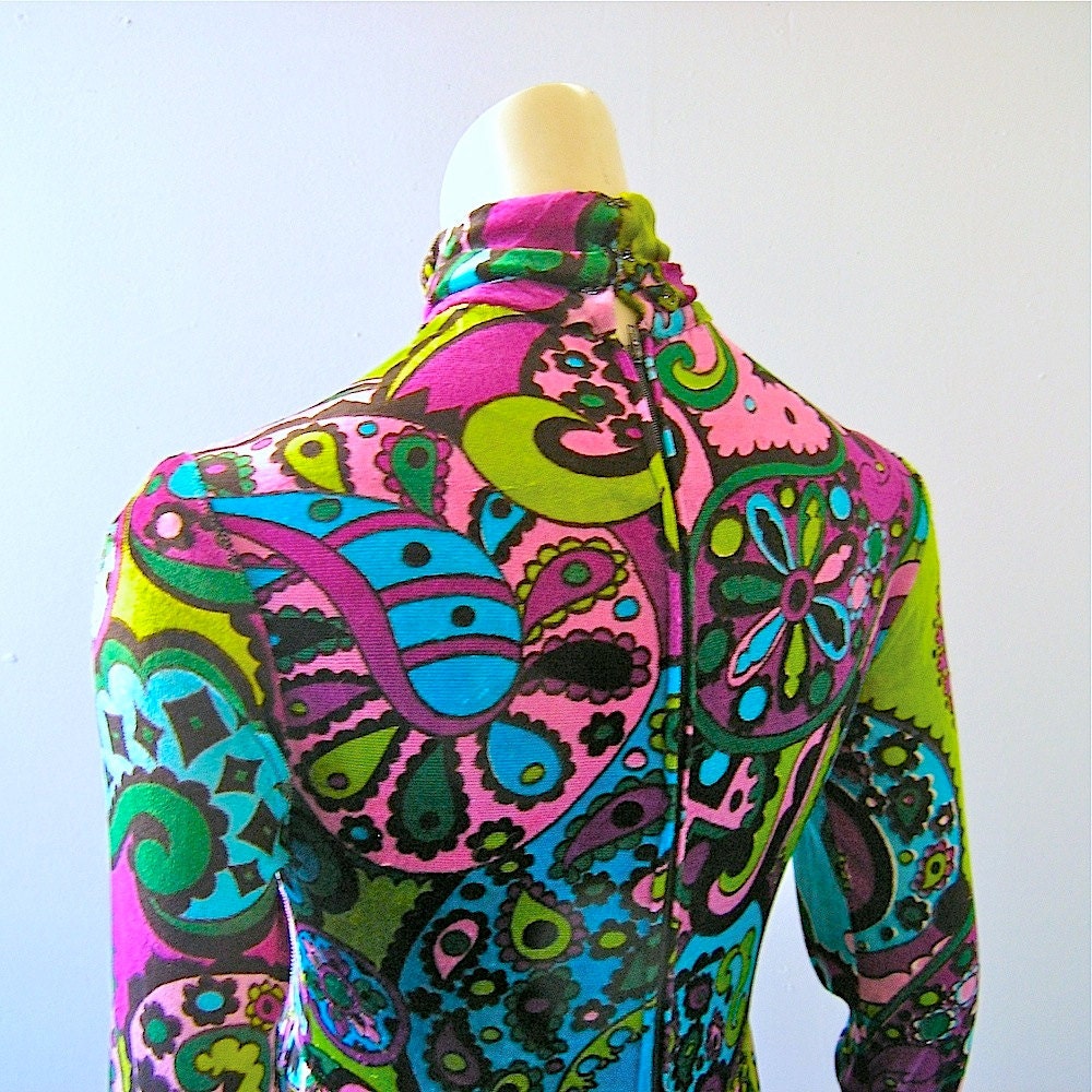 Reserved for marianna - 60s Pucci style velvet print empire style maxi dress - teal turquoise pink - 1960s 1970s fashion