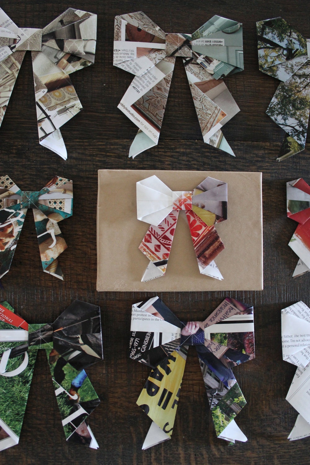The Perfect Bow Set- Repurposed Pages Origami Gift Tag/Bow - 3 s, 3 m, 3 l