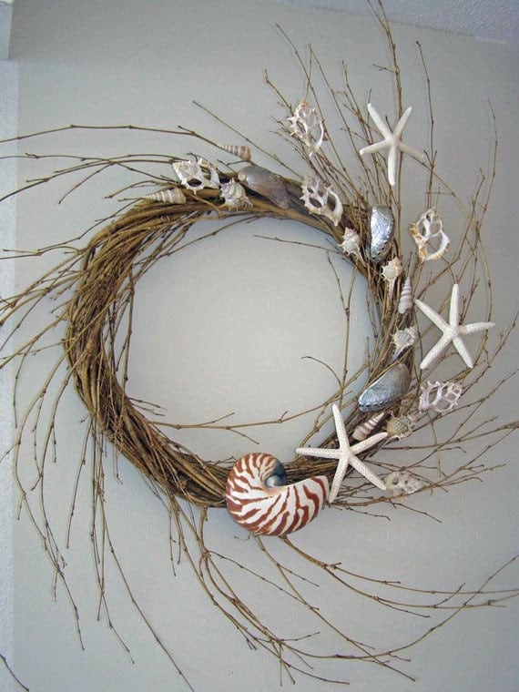 BEACH DECOR SEASHELL Wreath -- "Floating Shells," beach decor, floating starfish