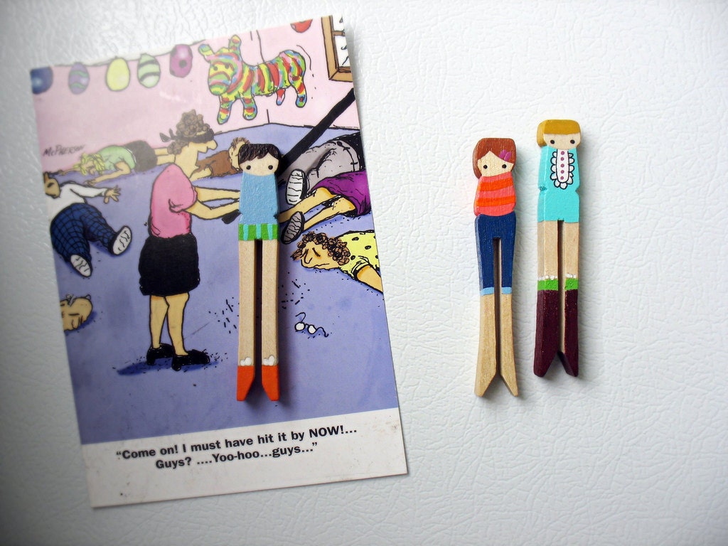 handmade wooden folk art  clothespin magnets ... girls with style
