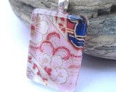 Handmade Chiyogami Golden Fortunes Elegant Rectangle Shaped Glass Tile Pendant OOAK - One of a Kind - with chain