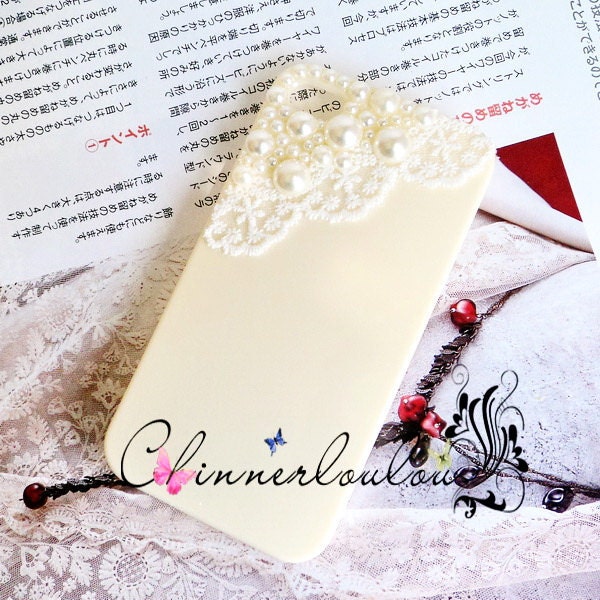 Popsicle apple iphone 5 or 4s case, crystal pearl with romantic lace trim, Peach, Ivory, Black