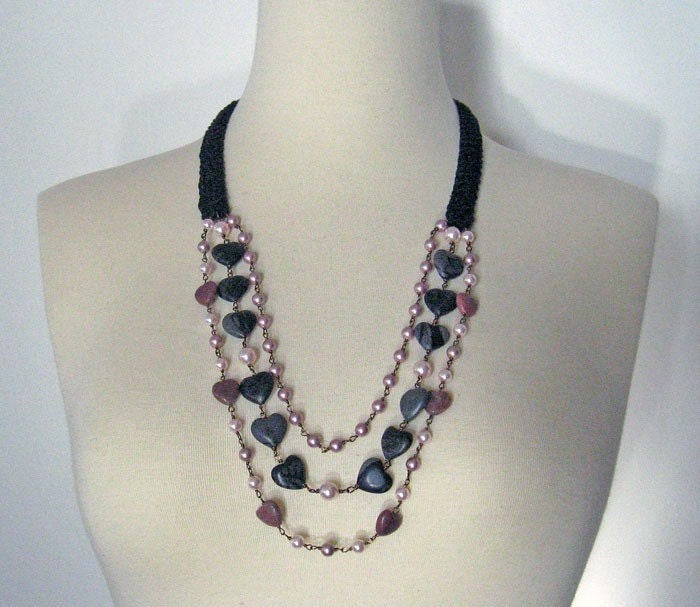 Strands of Stone Hearts and Pearls Crocheted Necklace