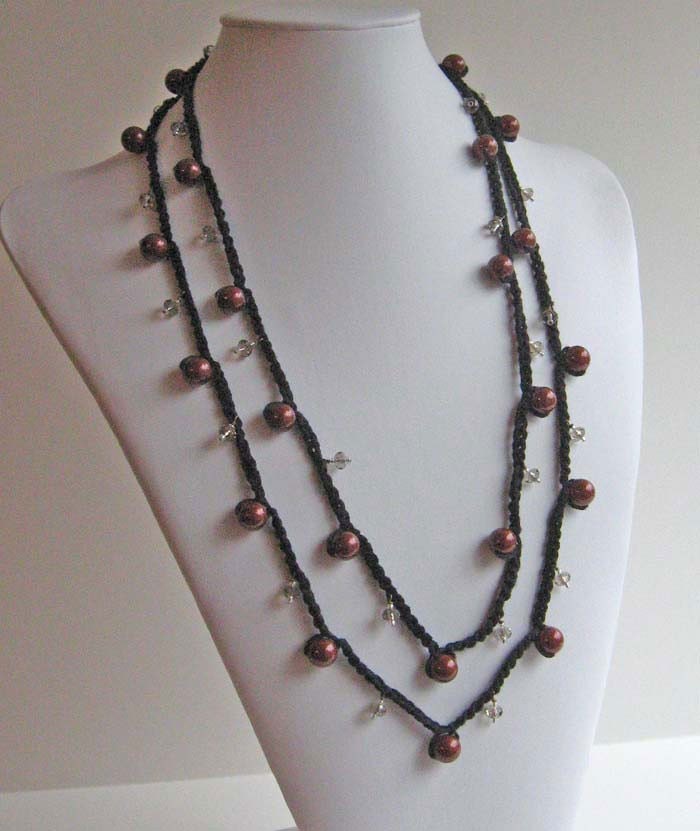 Black Crocheted Cotton Necklace with Burgundy Pearls