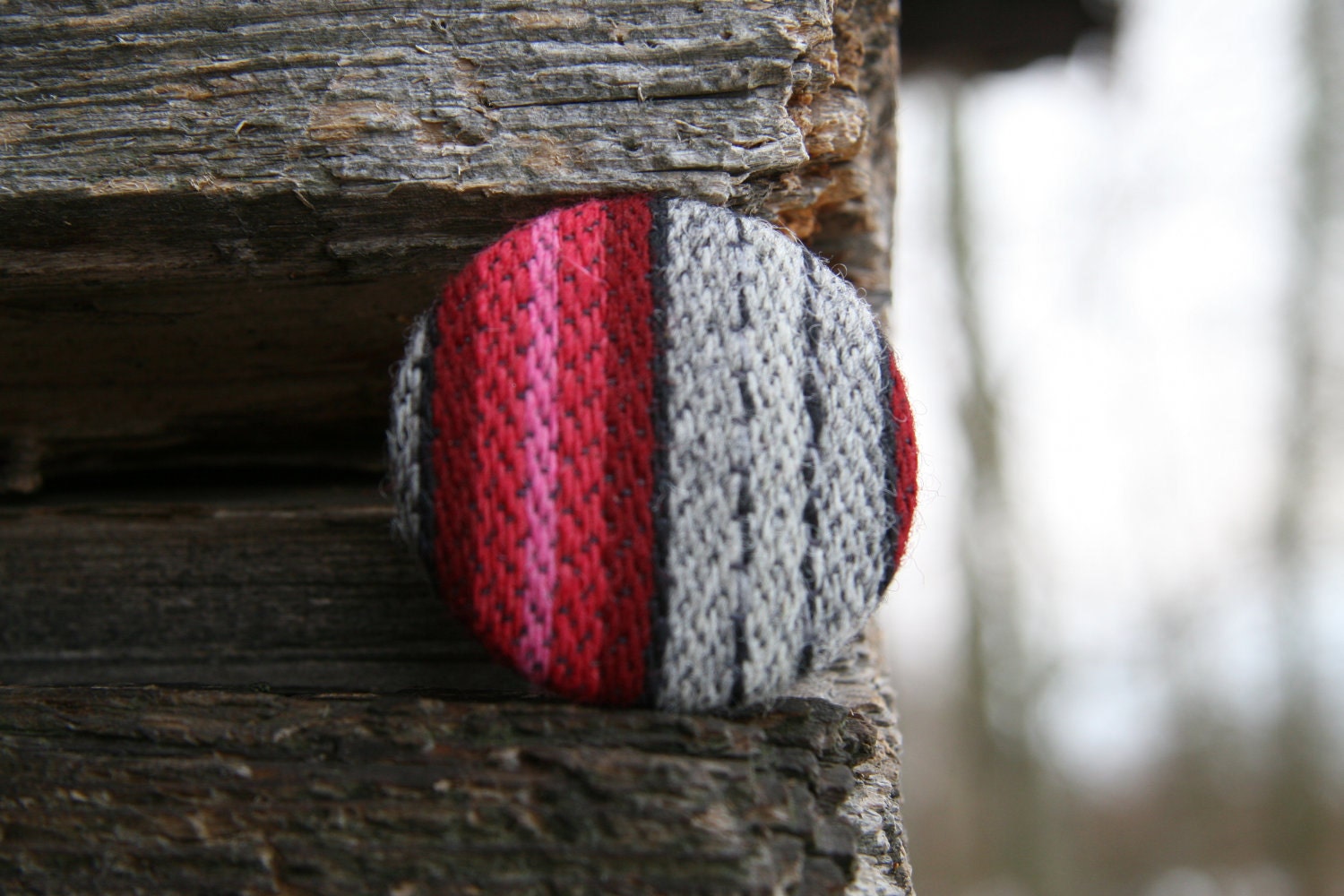 Ecofriendly Hot Pink Grey Black Striped Brooch Decorative Handmade Fabric Covered Button Pin- 1 7/8 inches - size 75