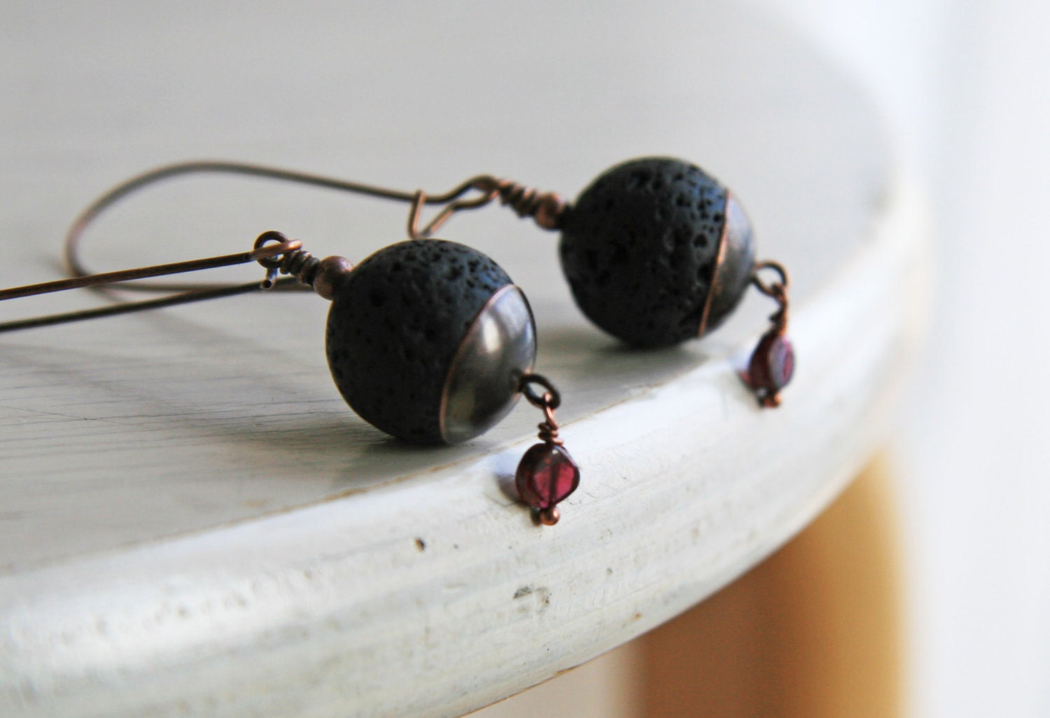 Black and Red Earrings Volcanic Lava Rock and Red Garnet Dangle Earrings