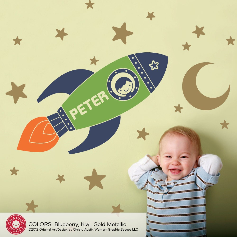 Kids Rocket Wall Decal Boy Name Outer Space Nursery