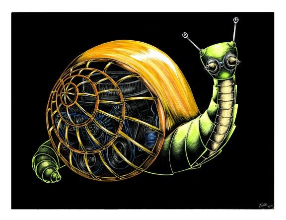 Robot Snail Lithograph Print