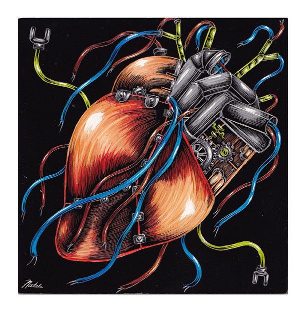 Anatomical Mechanical Heart - Art Print - Original done on scratchboard