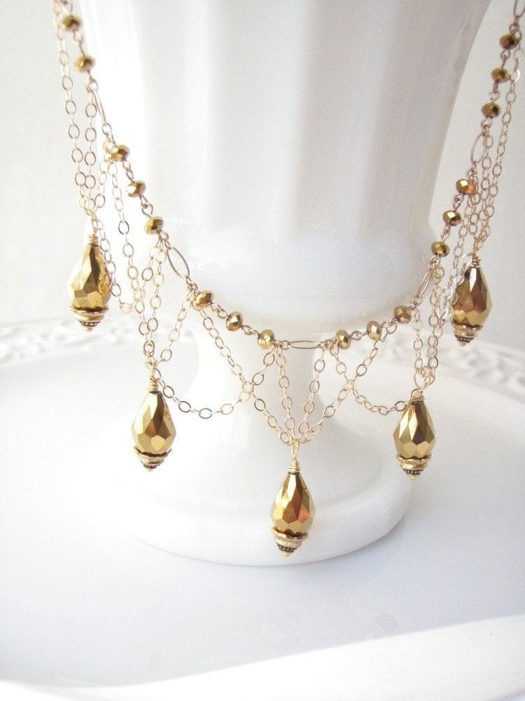 Downton Abbey Style Gold Crystals Gold Filled Chain  Necklace