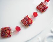 Necklace Square Millifiore Flower Beads Silver Red Glass