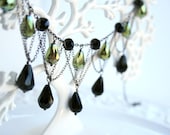 Downton Abbey Style Black Green Crystals Oxidized Silver Necklace
