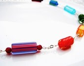 Glass Cane Bead Silver Heart Chain Necklace Rainbow