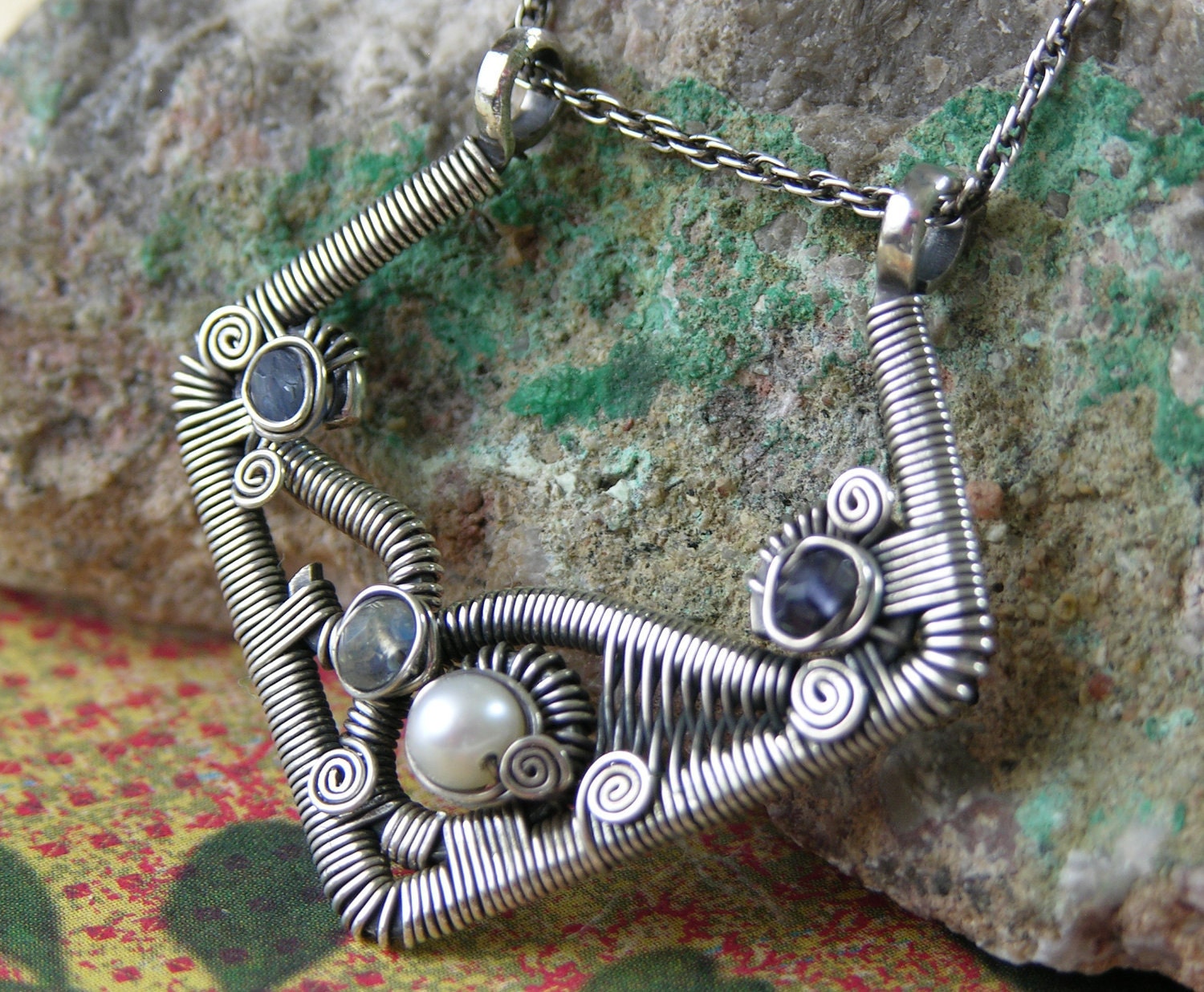 Geometric Sea - sterling silver wirewrapped pearl and gemstone pendant necklace