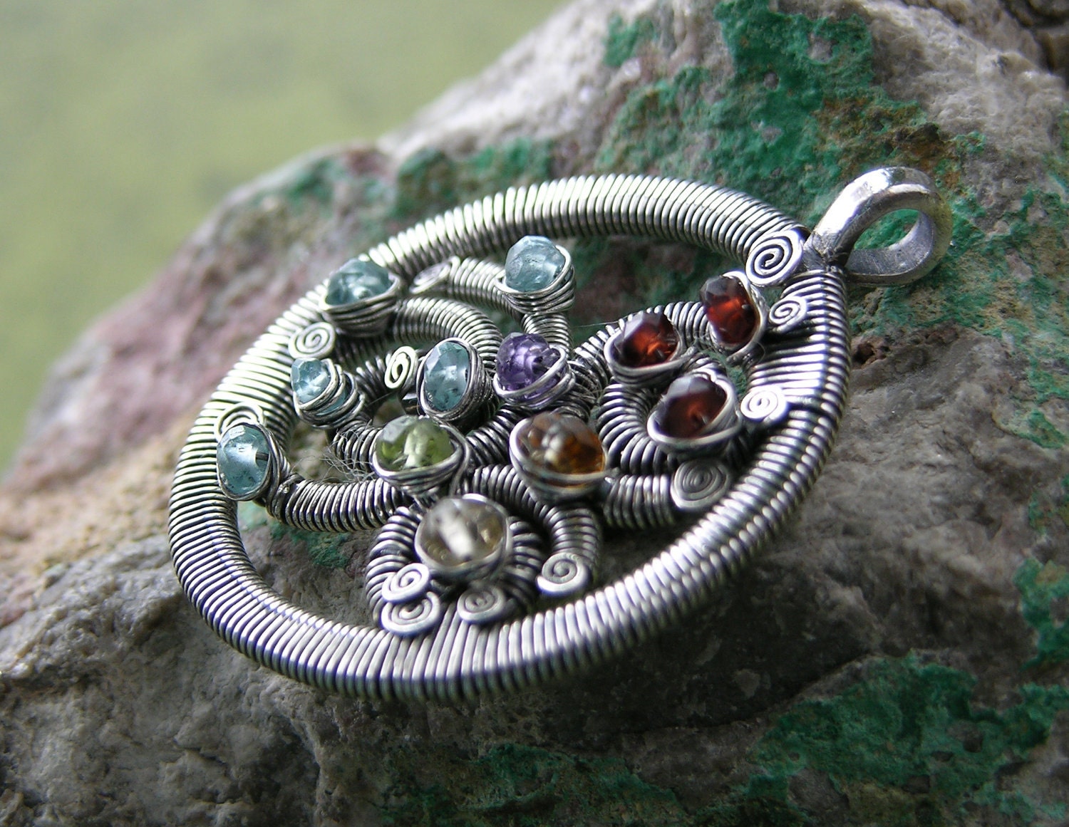 Color Theory Spirals -- Multigemstone Sterling Silver Wire-Wrapped Circle Pendant ON SALE 25% OFF