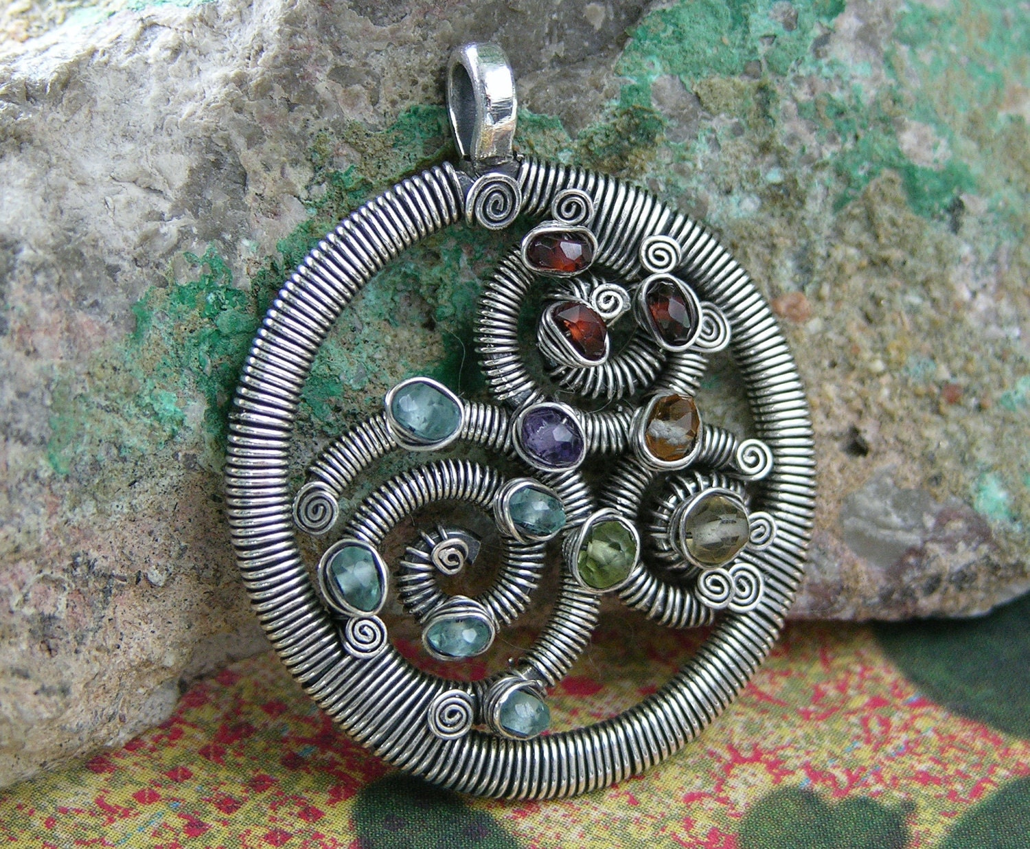 Color Theory Spirals -- Multigemstone Sterling Silver Wire-Wrapped Circle Pendant ON SALE 25% OFF