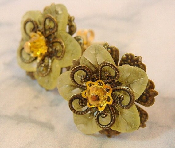 Yellow Floral Post Earrings With Swarovski Crystals