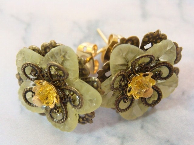 Yellow Floral Post Earrings With Swarovski Crystals