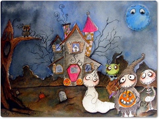 Print from Original illustration painting Halloween spooky hollow gang