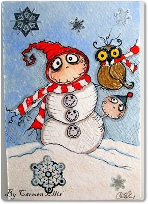 Grimmy snowman and owl Christmas print