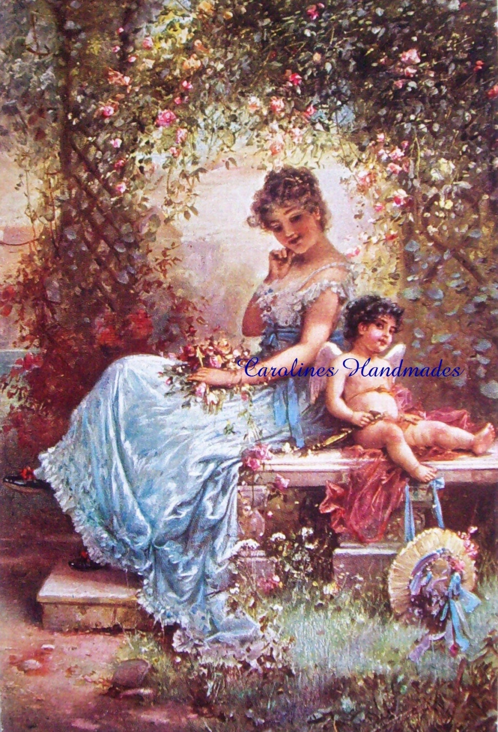 Angel and Lady Reproduction Cotton Fabric Art Print 7X10" Applique