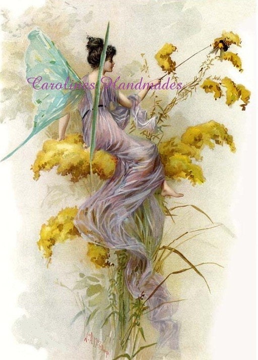 Vintage Flower Fairy Reproduction Cotton Fabric Art Print 5X7" Applique