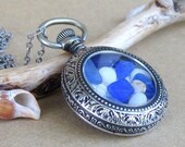 Cobalt Blue Sea Glass Necklace - Antique Sterling Silver Pocket Watch Case - Lady Sings the Blues