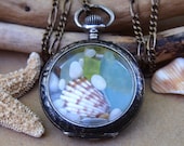 Sea Glass Pocket Watch Case Niello 1890s German Silver with 14K Gold Beach Attitude