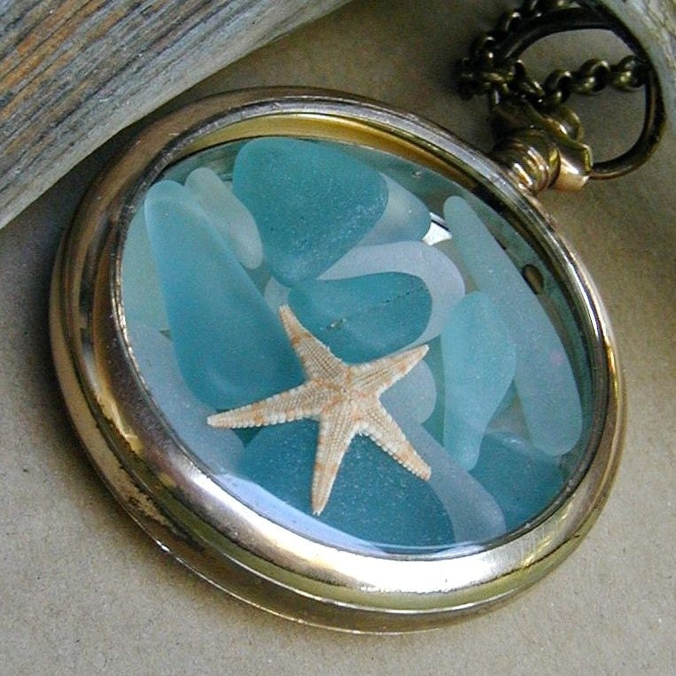 Ocean Treasures Antique 14k GF Pocket Watch Locket Sea Glass Necklace