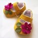 Yellow baby girls shoes, flower baby booties, felt baby shoes, pink flower booties