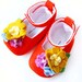 Orange baby girl shoes, maryjanes with flowers, felt baby booties