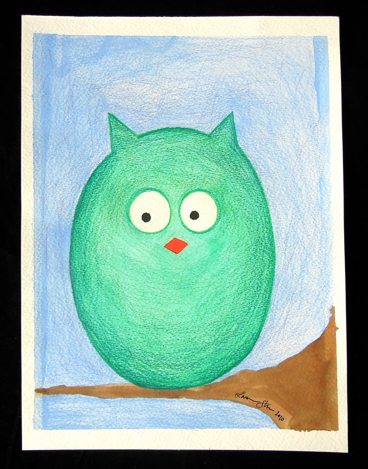Olive Little Love Owl - Fat Bird Original Mixed Media Painting on Paper