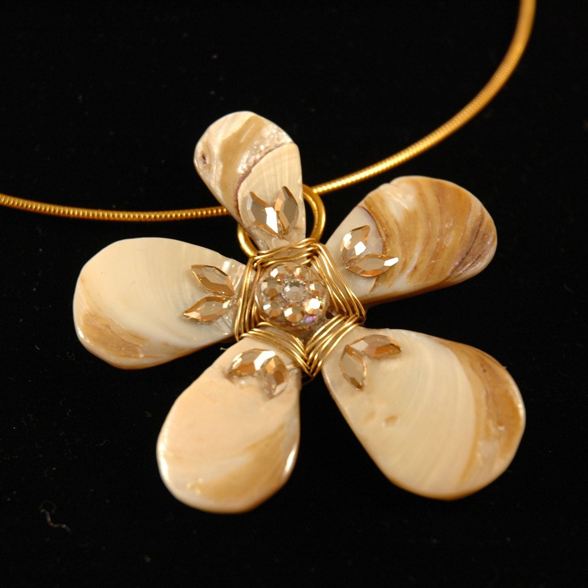 Daisy Choker with Shell, Crystal, and Gold Pendant
