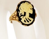 Death Becomes Her - Day Of The Dead Goddess - SOLDERED Adjustable Victorian Steampunk Ring - Lady Decay Cameo In Black, Ivory, Antique Brass