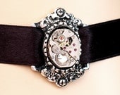 Steampunk Neo Victorian Choker - Adjustable - Vintage, Repurposed Watch Movement Choker Necklace In Antiqued Silver With A Swarovski Crystal
