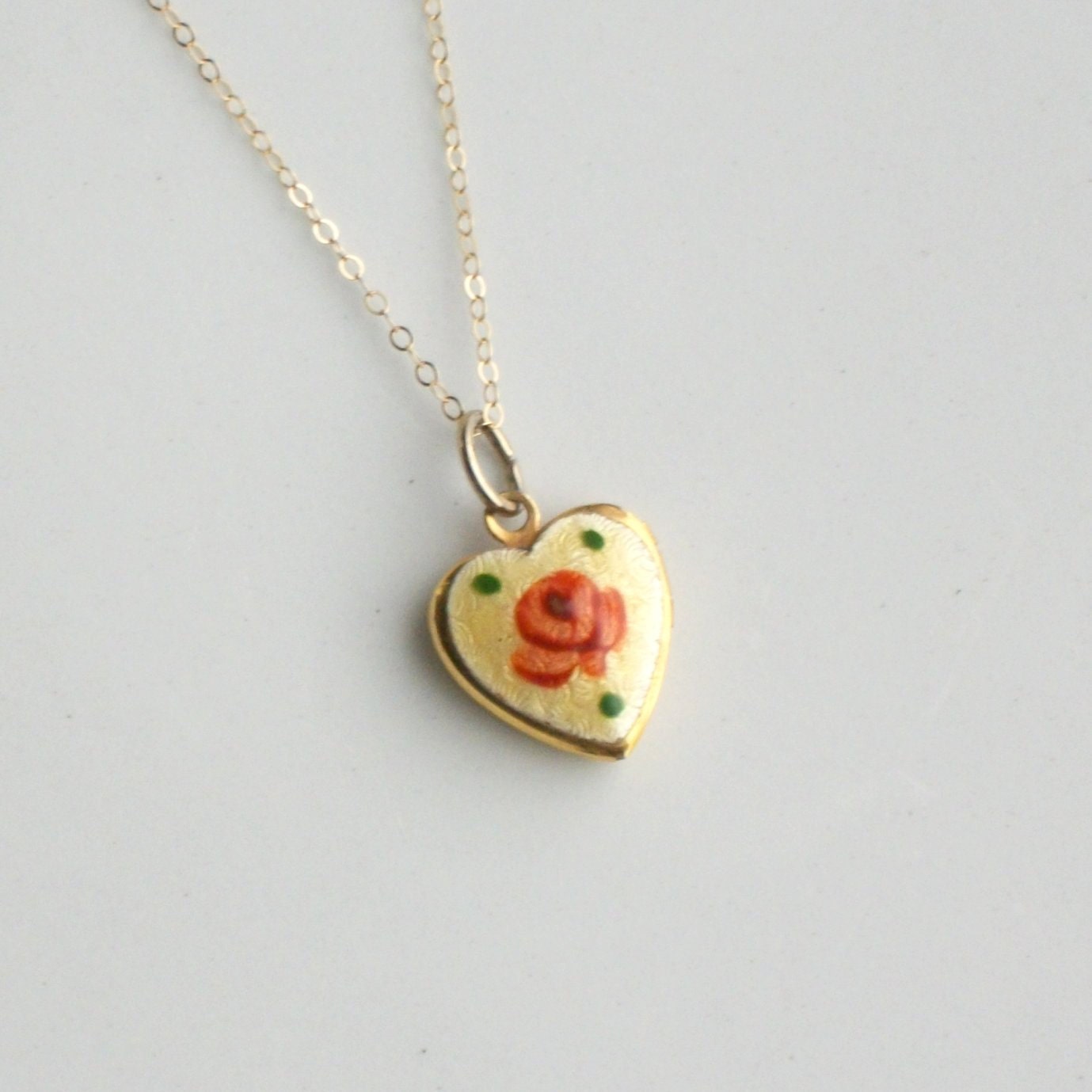 Vintage Enamel Heart Locket . Yellow. Floral. Rose.