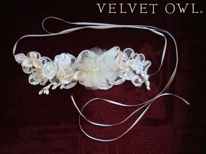 Bridal headband satin and silk leaves and flowers- IRENE
