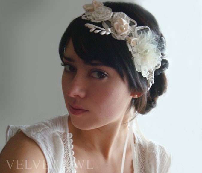 Bridal headband satin and silk leaves and flowers- IRENE
