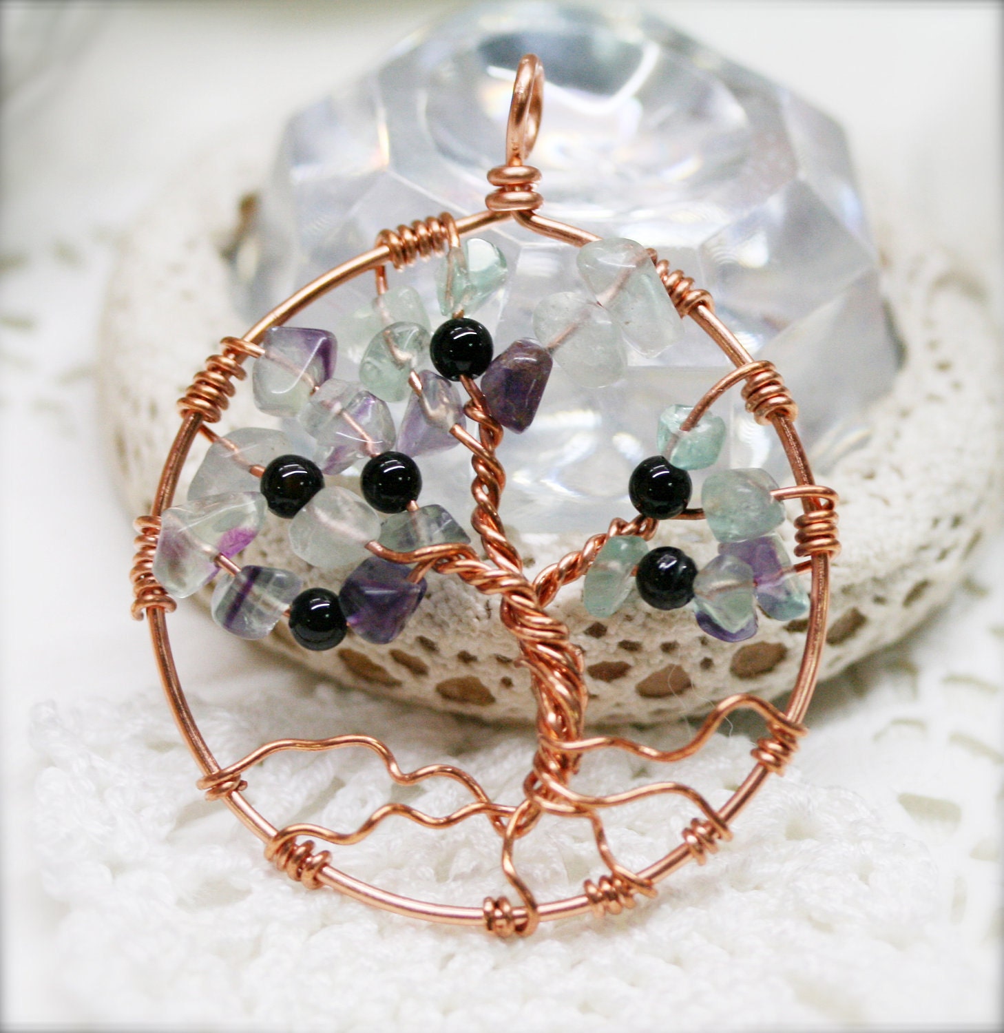Wired Tree of Life necklace, Fluorite and agate