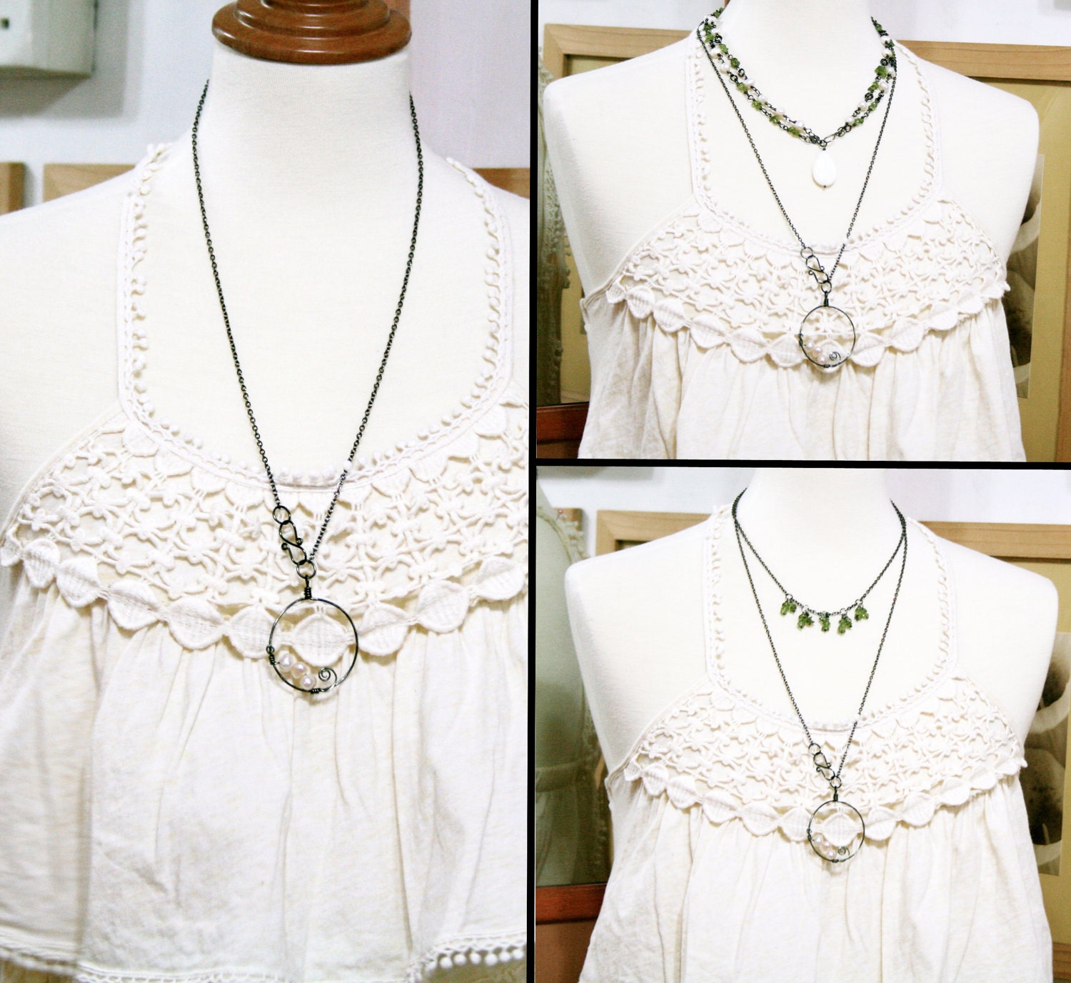 Polish up humbleness trio necklace set, Peridot and Freshwater pearl