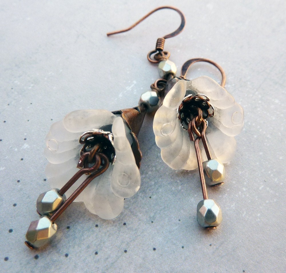 May Sale 10% off - White Flower Dangle Earrings -  Antique Copper ,Winter, Woodland, Wedding, Nature Inspired