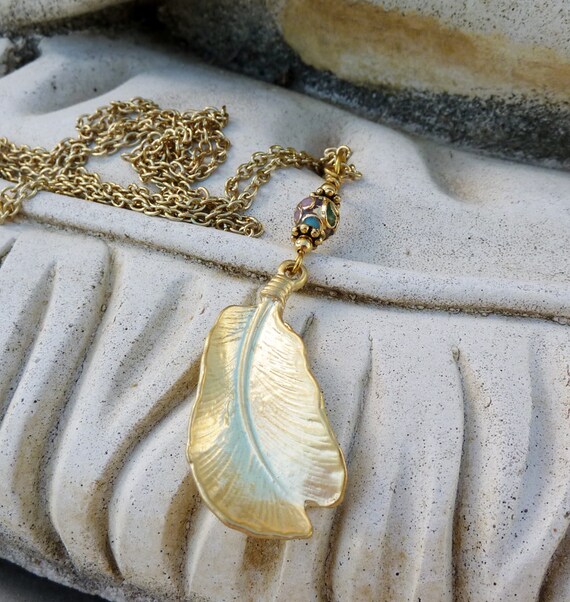May Sale 10% off - Long Gold Feather Necklace - Bohemian, Southwestern, Tribal, Nature, Woodland