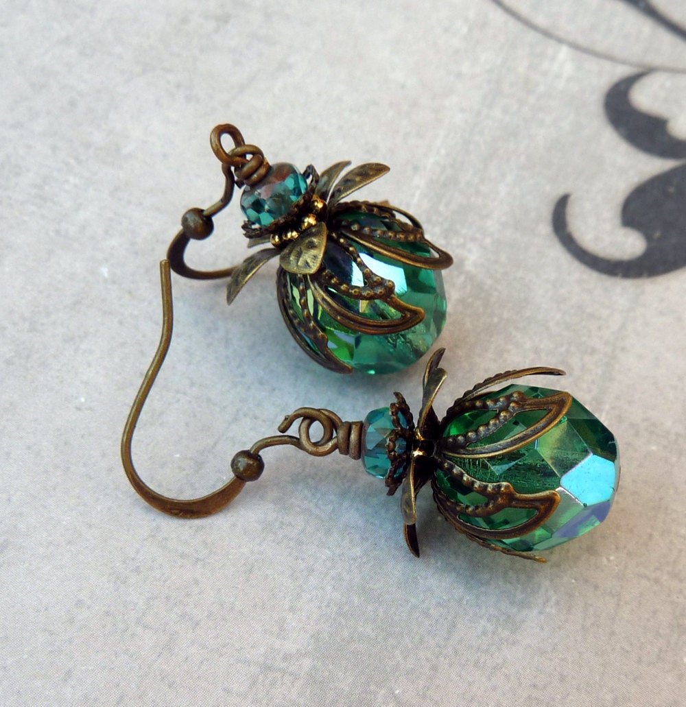 May Sale 10% off - Aqua Teal Bohemian Drop Earrings - Antique Brass, Czech Glass, Green, Blue