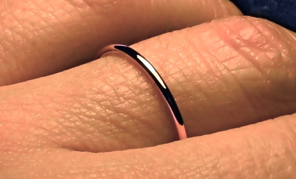 thin 14k PINK Wedding band solid gold ring handmade fine classic dainty smooth 1.3 mm full round simple skinny stacking band in ROSE gold