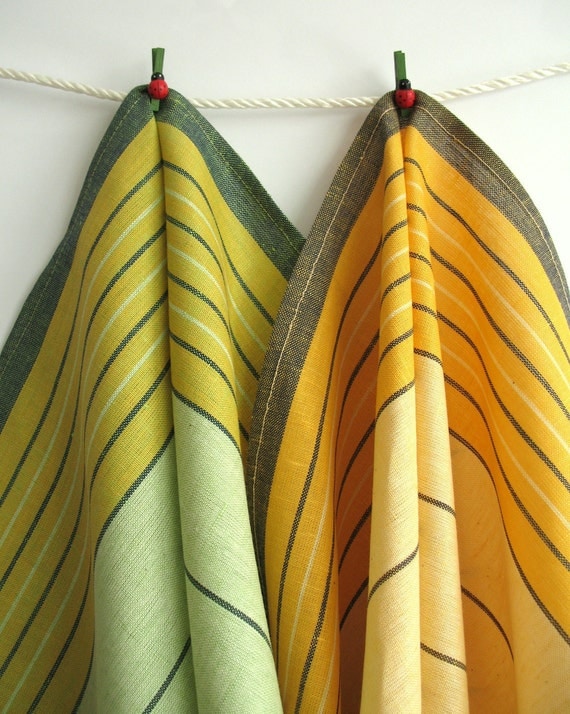 Set of 2 Organic Tea Towels. Linen Kitchen Towels. Yellow and Green Striped Linen Tea Towels. Marigold Linen Dish Towel. Linen Tea towel