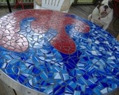 Stained Glass Mosaic Table Top Handmade Blue Red Fire Flame "I'm on Fire"